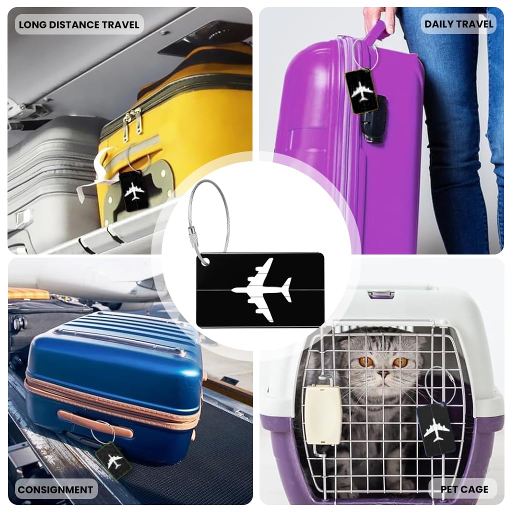 ZIBUYU Luggage Tags 3 Pack for Travel with Steel Loops and Privacy Cover | Black Aluminum ID Labels