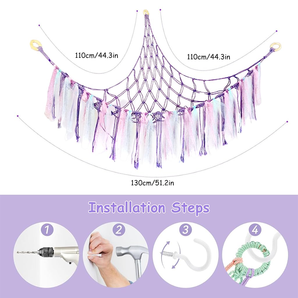 PATPAT® DIY Stuffed Animal Toy Hammock Girls Room Decoration Plush Toy Hanging Storage Net Dreamy Purple Tassle Ribbon Hanging Net Self Adhesive Hanging Decorative Net Wall Corner Triangle Hangings