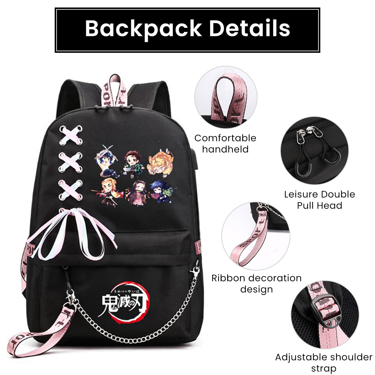 PALAY® Demon Slayer Anime Backpack with USB Charging Port and Headphone Jack, Girls Large Travel Backpack 14 Inches Laptop Bag Cartoon Anime Print Backpack School Gift for Kids (Black)