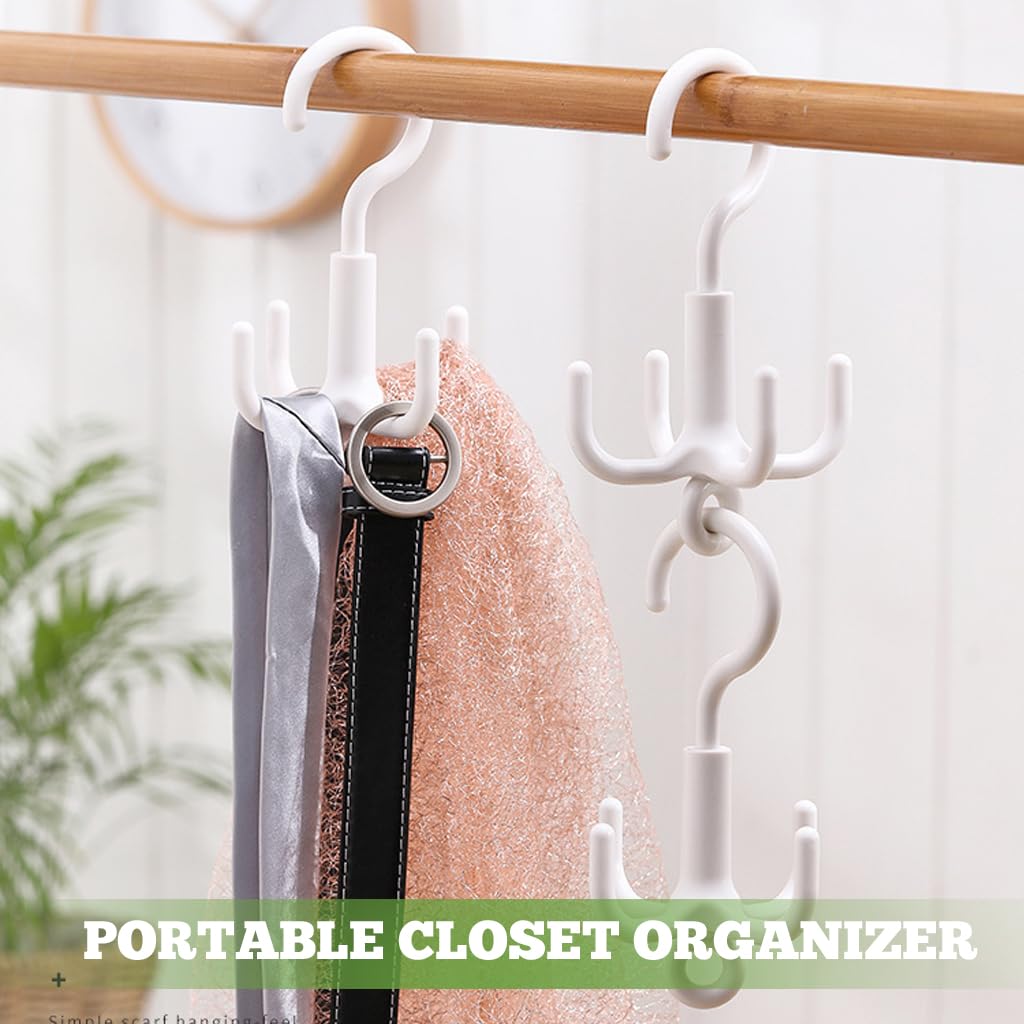 ZIBUYU Closet Hanging Organizer Hangers for Clothes and Accessories featuring 360 Degree Rotatable 4 Claw Hooks | White 2 Pcs Set