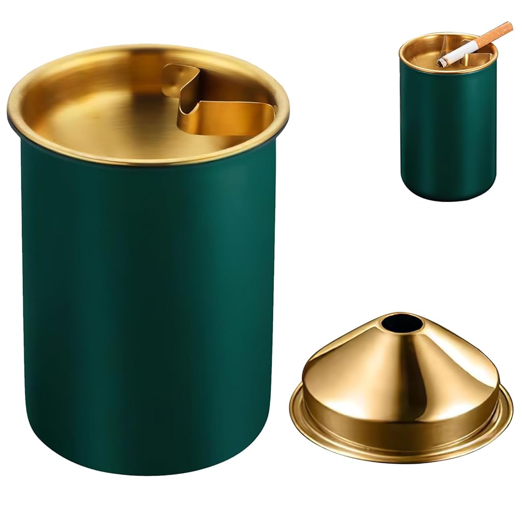 HASTHIP® Stainless Steel Green Ashtray for Home & Car, Fits on Tables & Cup Holders, Durable Windproof with Funnel Lid