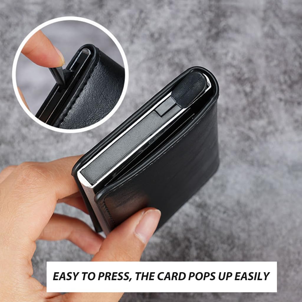 Zibuyu Slim Wallet for Men featuring pop up aluminum chamber with RFID blocking | black PU leather 3.74×2.55×0.59 in design