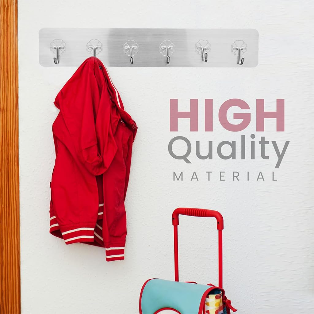 Zibuyu Wall Hook for Kitchen Bathroom and Wardrobe with 6 in 1 Self Adhesive Clear PVC Rack