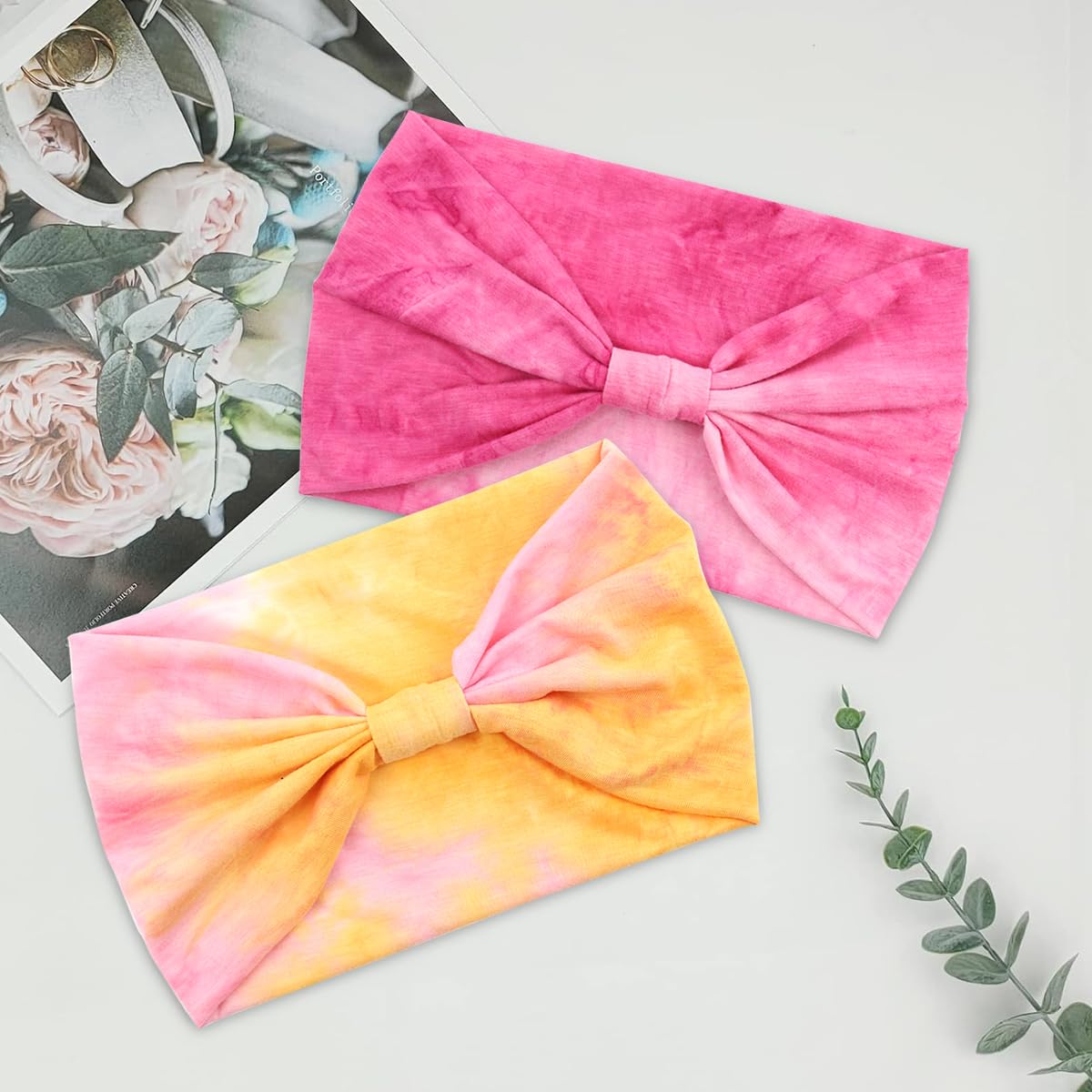 MAYCREATE Head Bands for Women with Stretchy Pre-Tied Fit and Quick-Dry Polyester | 2Pcs Pink & Orange Tie Dye