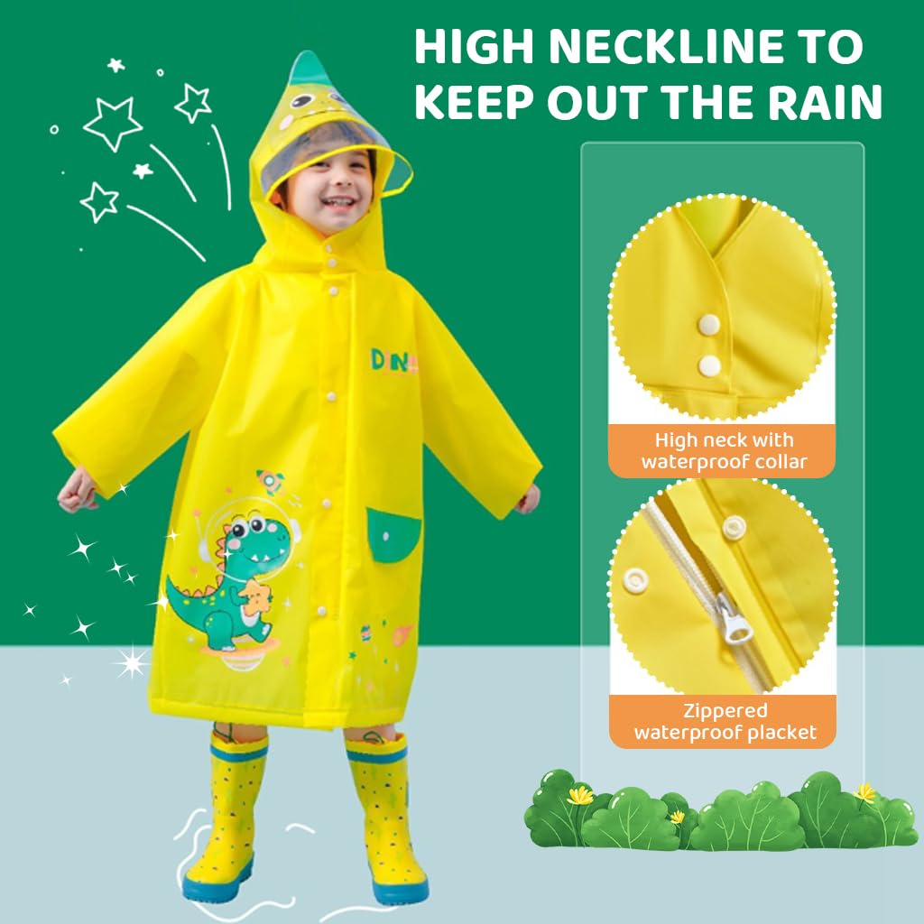 PATPAT Dinosaur Kids Rain Coat with Dual Waterproof Closure and Transparent Hood Brim | Knee-Length EVA Jacket for Boys and Girls 4-5 Years