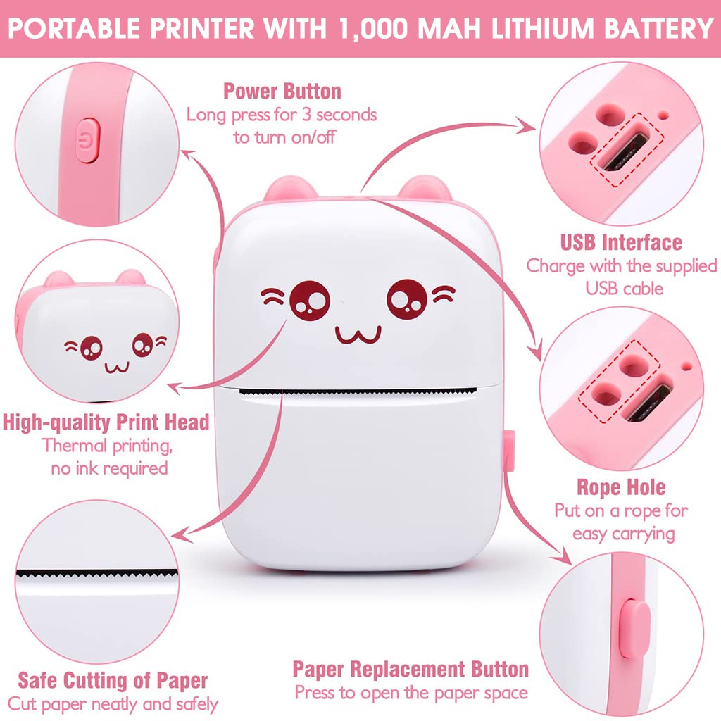 ZORBES Mini Printer, Small Pocket Printer Black and White Printing Bluetooth Thermal Printer Compatible with iOS, Android, Portable Printer with 6 Rolls Printing Paper for Notes, Memos, DIY - Pink