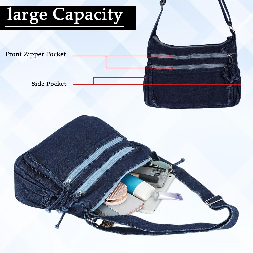 Zibuyu Womens Denim Tote Bag for Travel and Work with Adjustable Strap | Light Blue Canvas Purse