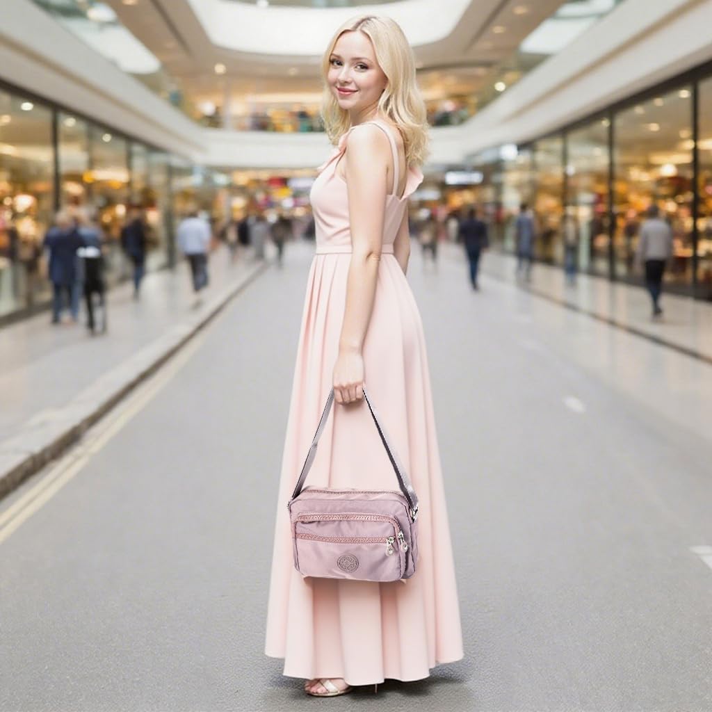 Zibuyu Womens Crossbody Bag for Travel with Multi Pocket Design and Waterproof Nylon | Pink