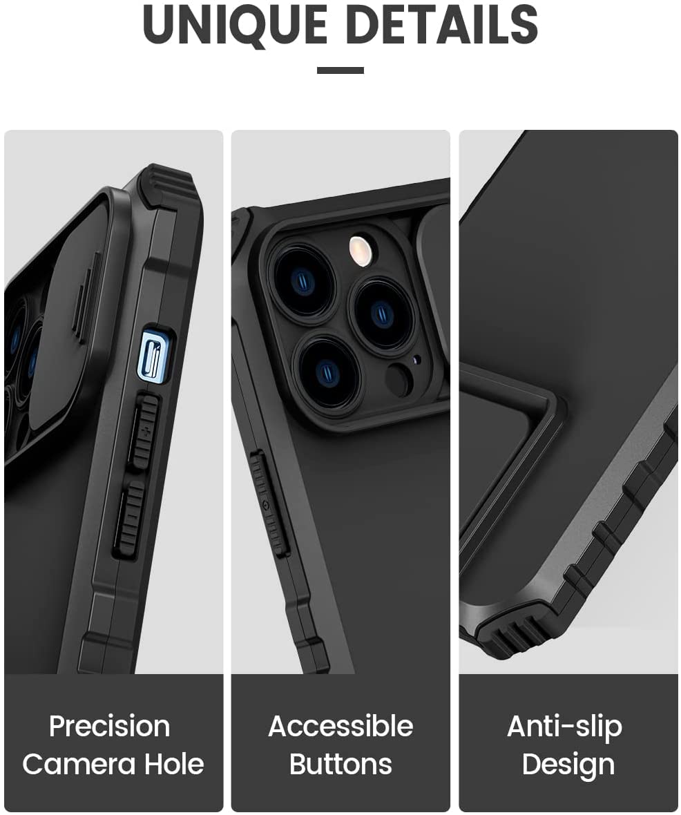 ZORBES Phone Case for iPhone 13 Pro Max 6.7 in with Kickstand and Sliding Lens Cover | Matte TPU Protective Cover