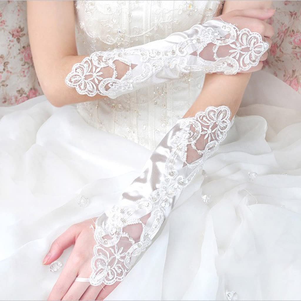 GUSTAVE® White Elegant Rhinestone Cuffs Lace Satin Flower Fingerless Tulle Banquet Bowknot Bridal Gloves for Women