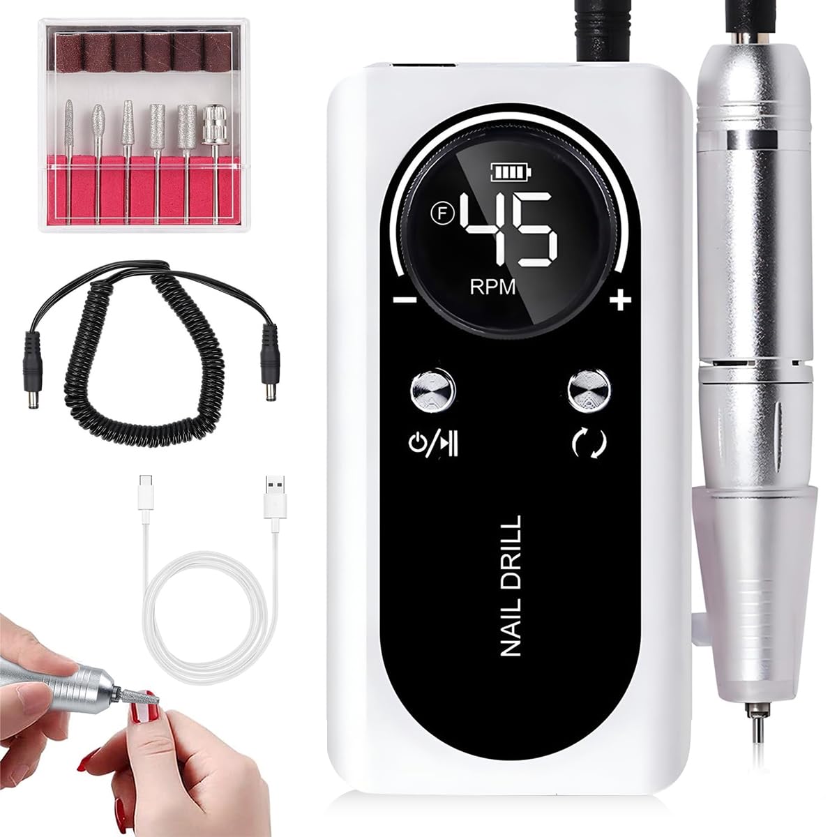 MAYCREATE Electric Nail Drill Professional, 45000RPM Nail Drill Kit for Acrylic Gel Nails Tools, Rechargeable Portable Nail File Manicure Pedicure Kit