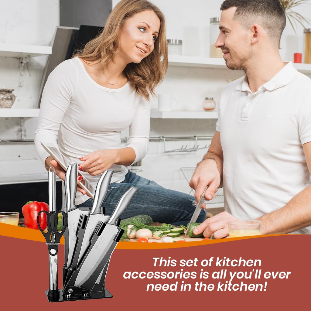 Supvox Kitchen Cutleries Kit 6 Pcs with Full Steel Handles and Acrylic Organizer Stand