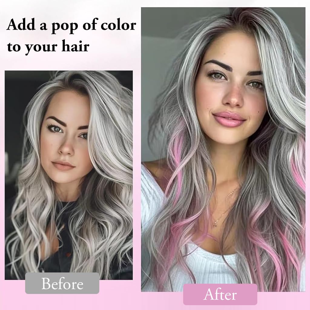 ZIBUYU 5 Pcs Pink Hair Extensions Clip in Hairpiece Accessories, 22 Inch Long Streak Straight Ins Heat Resistant Colored Synthetic, Using for Halloween Costume Party Play Highlights