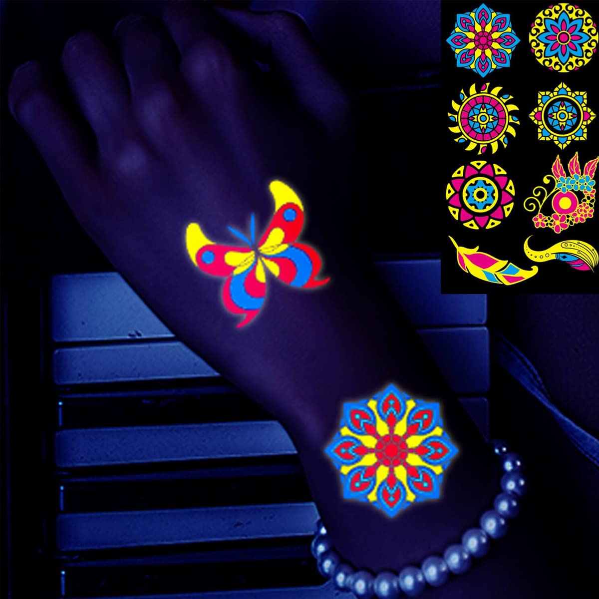 MAYCREATE Temporary Tattoos Stickers for Party and Rave featuring 10 Sheets 17×9.6cm Glow in the Dark Designs | Waterproof UV Neon Body Art for Men and Women