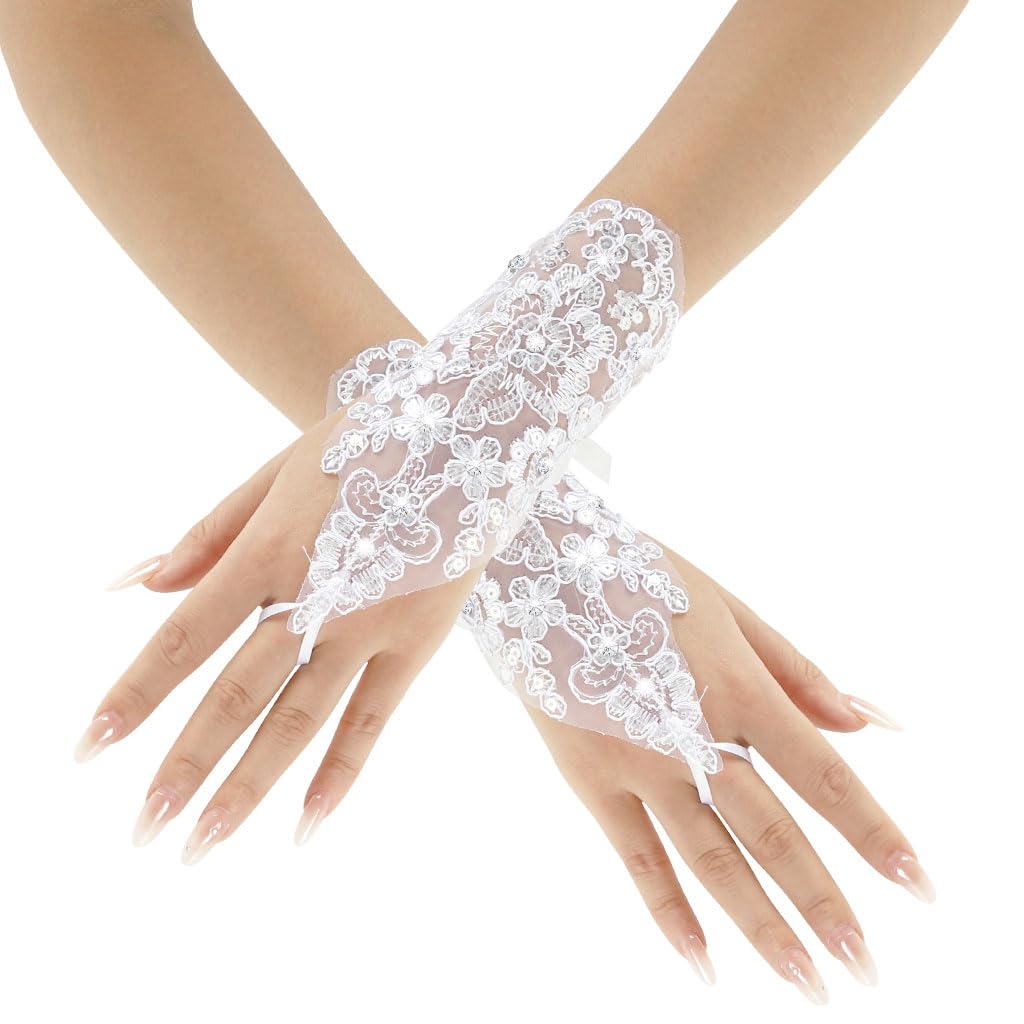 Zibuyu Elegant White Lace Fingerless Gloves for Weddings and Parties | Stretch Mesh Bridal Accessory