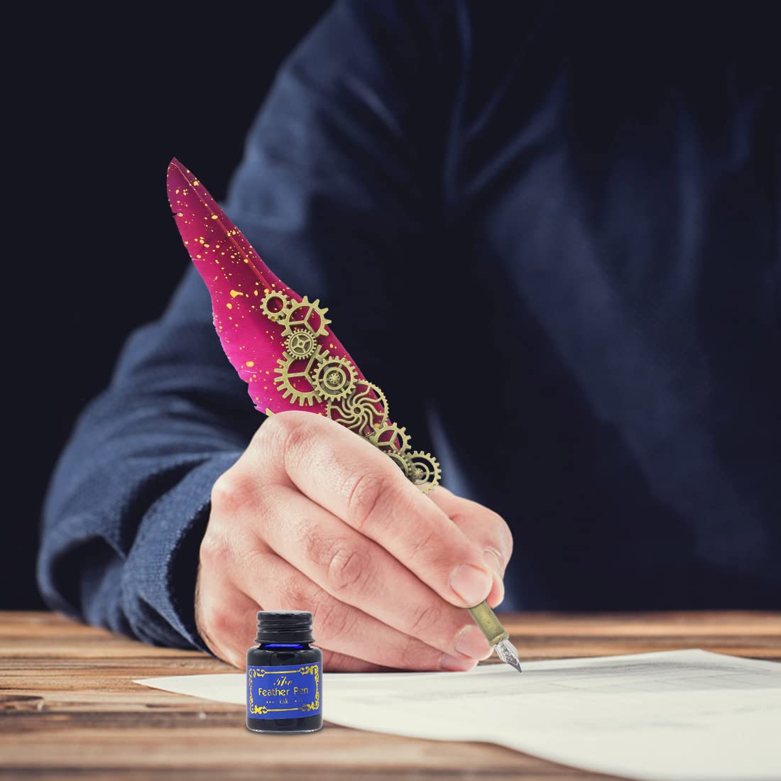 HASTHIP Feather Pen Set for Calligraphy with 2 Replacement Nibs and 20ml Blue Ink | Vintage Quill Gift