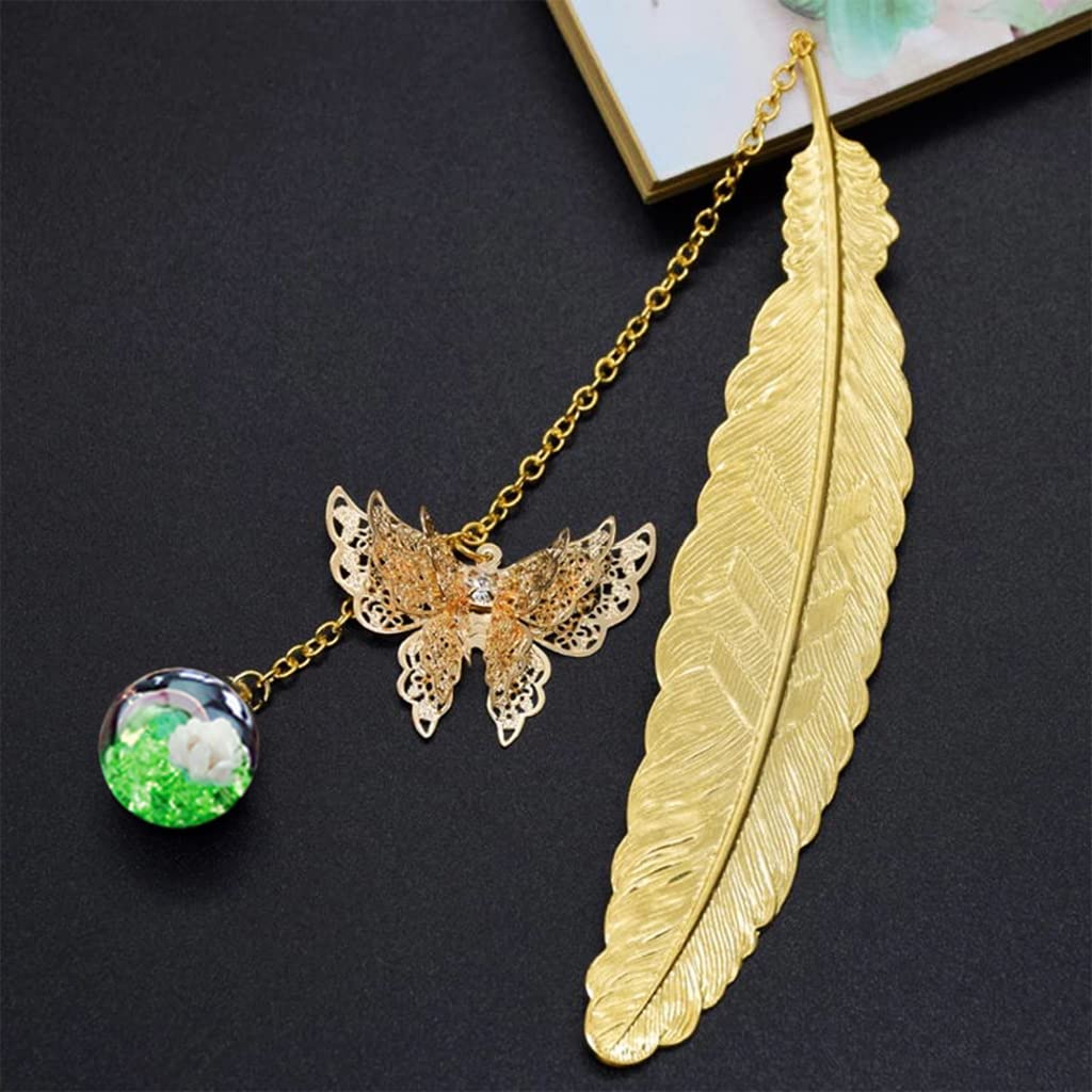 Supvox Metal Feather Bookmark for Reading and Gifting with 3D Butterfly & Glass Bead | 11.5 cm Copper Feather