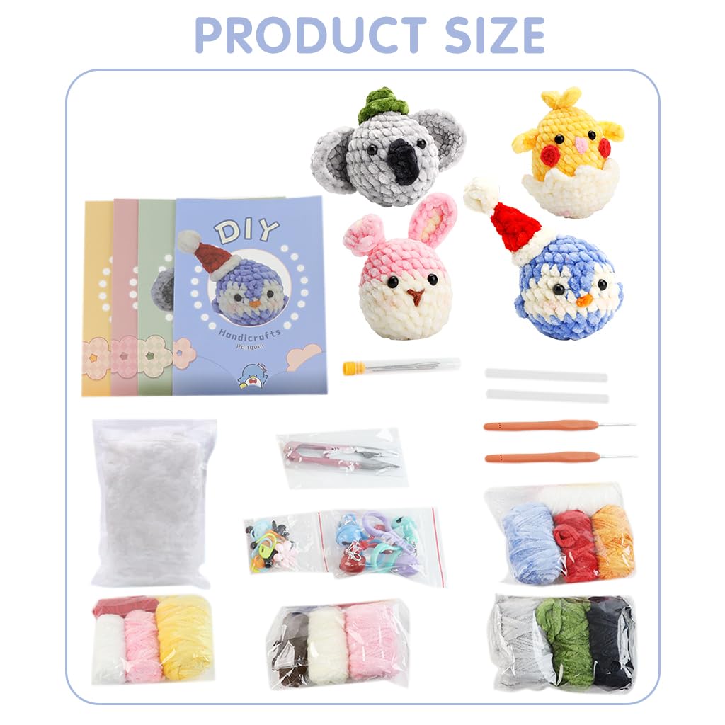 HASTHIP® 4Pcs DIY Crochet Kit Set Cartoon Chenille Animals Crochet Stuffed Animal Kit Stuffed Toy Desk Decor Keychain Pendent Starter Crochet Cute DIY Cartoon Crocheting Kit DIY Gift for Kids, Adults