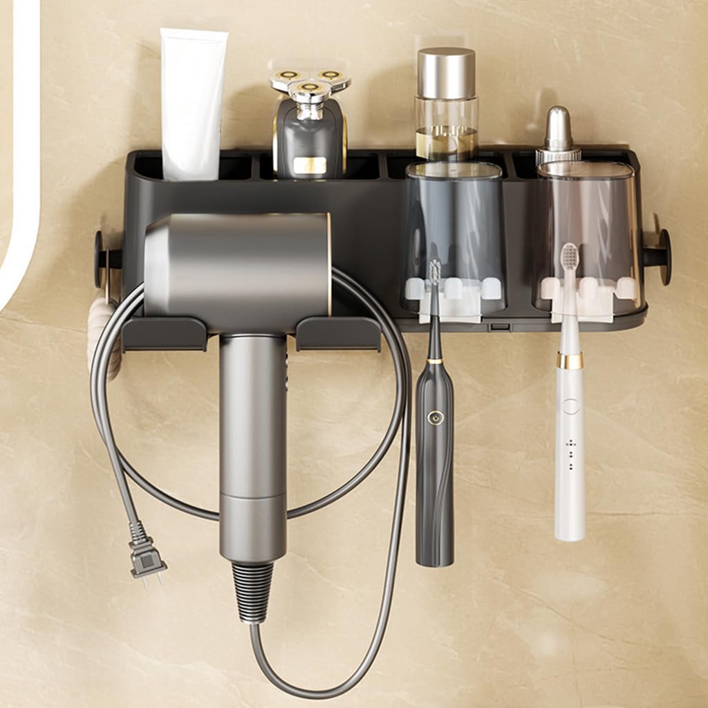 HASTHIP Hair Dryer Holder for Bathroom with 4 in 1 Storage and Self Adhesive Mount | ABS Wall Organizer