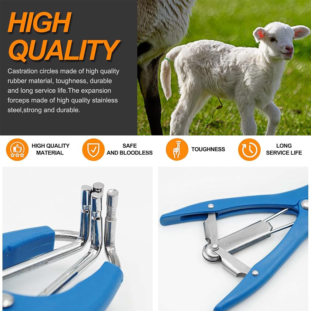 HASTHIP Livestock Castration Bander Tool with 200 pcs Rings for Lambs and Piglets | Tail Cutting Pliers