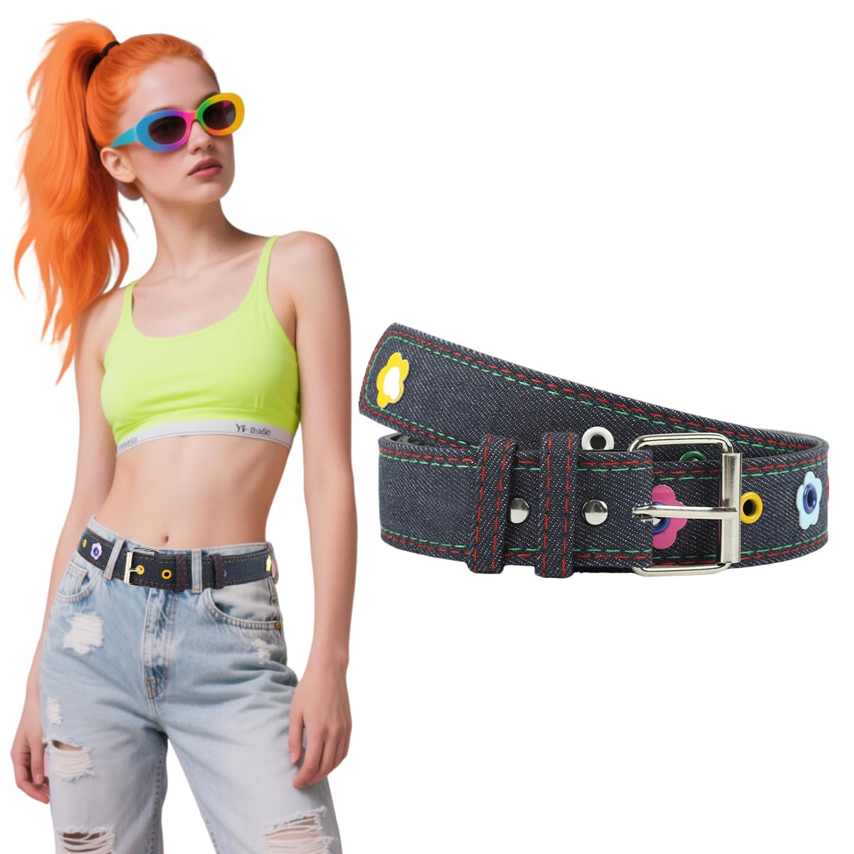 SANNIDHI Belt for Women featuring Flower Eyelet Design with Metal Buckle 3.5x110cm | Y2K Denim PU Waist Accessory