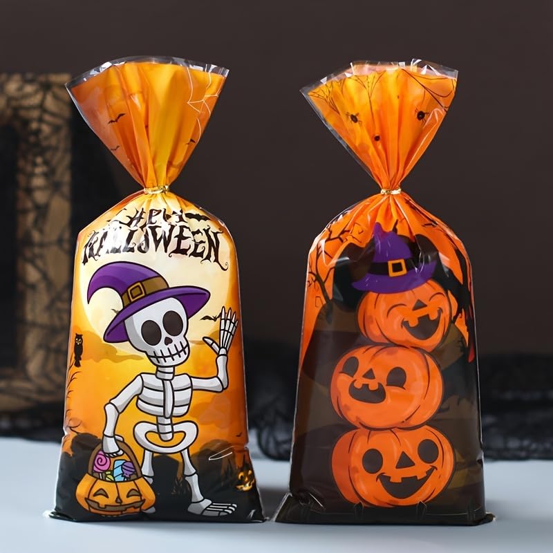 HASTHIP Halloween Goodie Bags for Party Treats 50 Pack 4.9x10.7 in with Golden Twist Ties