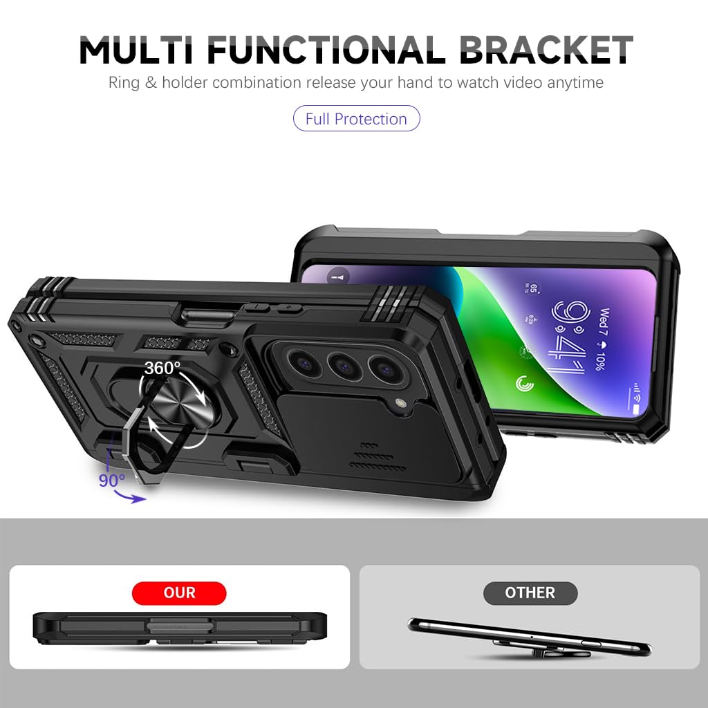 Zeitel Phone Case for Samsung Galaxy Z Fold 6 with Dual Layer Protection and 360 Rotatable Grip | Sliding Camera Lens Shield and Flexible Hinge Design Black