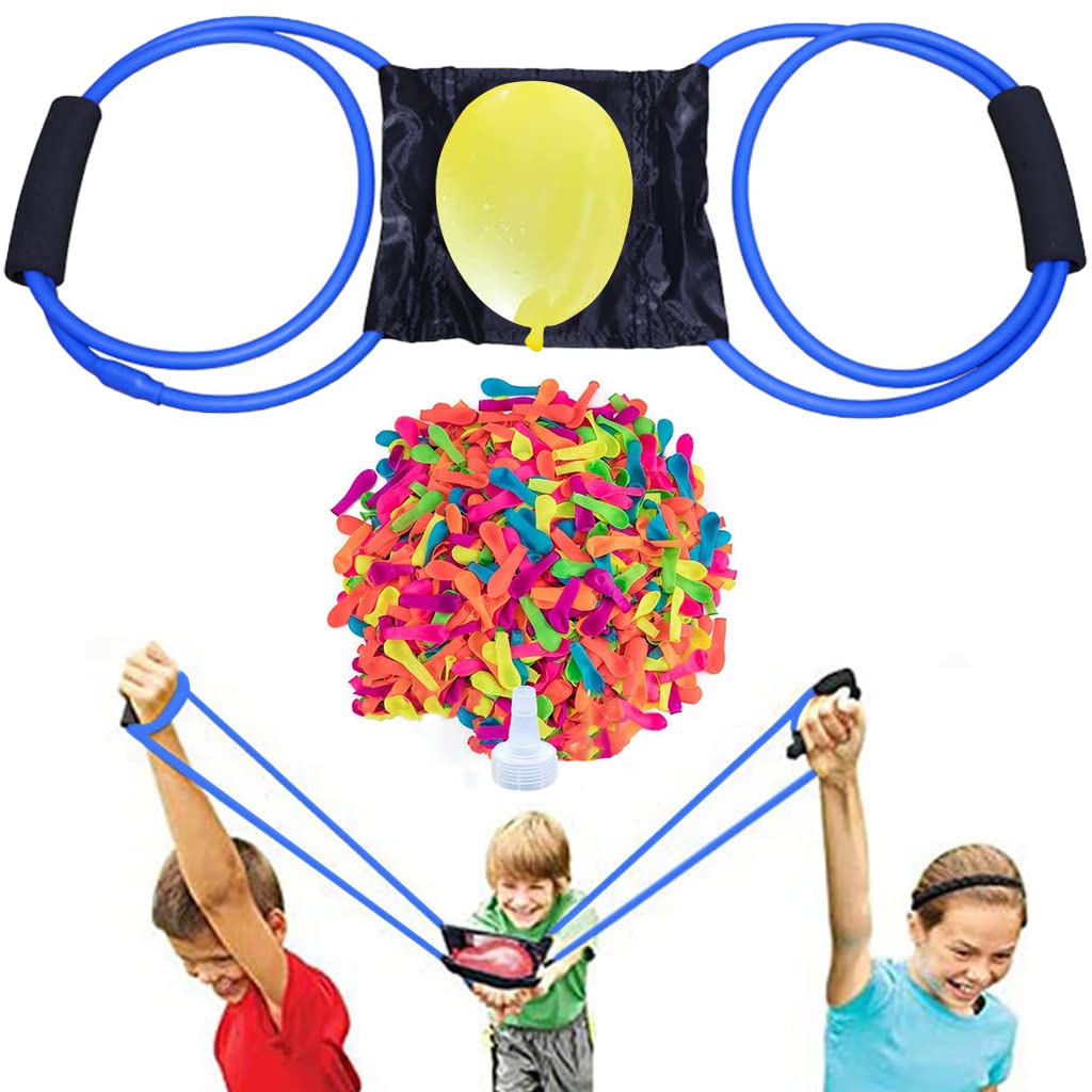 PATPAT® Water Balloons for Kids Water Balloon Launcher with 500Pcs Color Water Balloons, 2 Water Injectors and Storage Bag. 3-Man Catapult Slingshot, Summer Party Game Yard Outdoor Toys for Kids, Blue