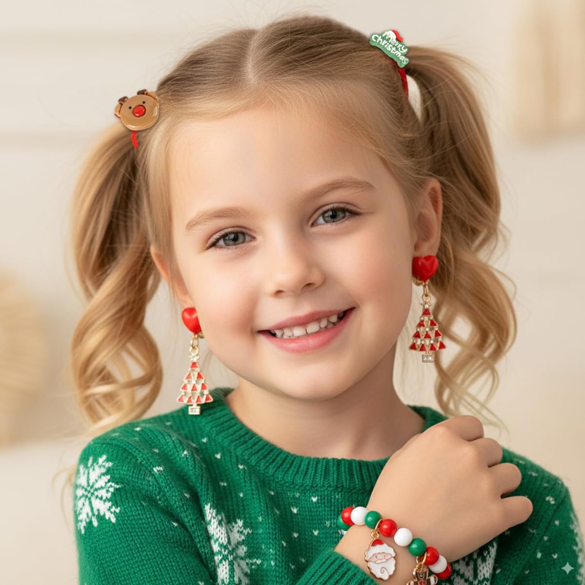 SANNIDHI Kids Christmas Jewelry Gift Set of 5Pcs for Girls with Beaded Bracelet and Hair Ties