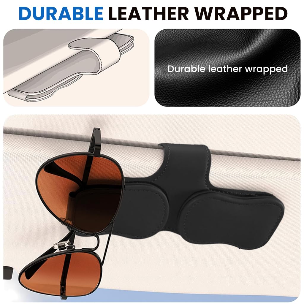 ZIBUYU Sunglass Holder for Car Visor with Dual Magnetic Clip Design and PU Leather Finish | Space-Saving Organizer