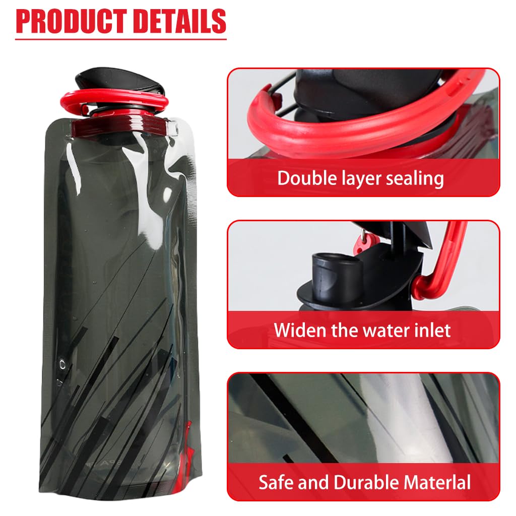 Proberos® Folding Water Bottles With Carabiner Soft Water Bottle 700ml Sport Water Bottle Food-grade PE Material Sport Water Container for Travel, Running, Camping, Hiking