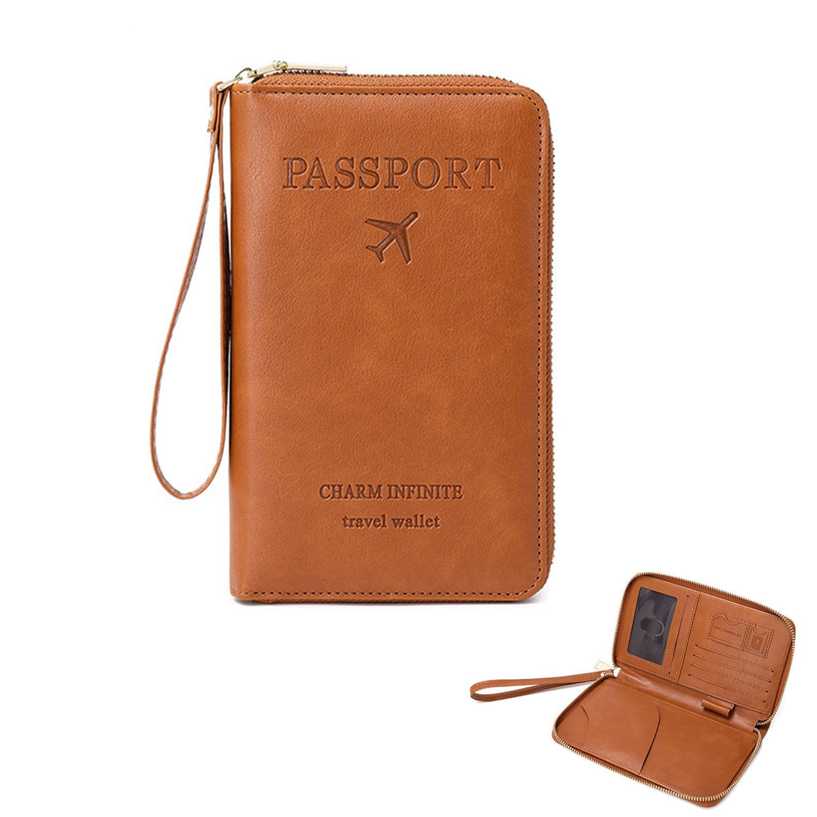 PALAY® Travel Passport Wallet for Men Women, PU RFID Passport Cover Holder for Men Travel with Wristlet, Multiple Card Slots with ID Window, Embossed Passport Card Bag Essential Organizer - Brown