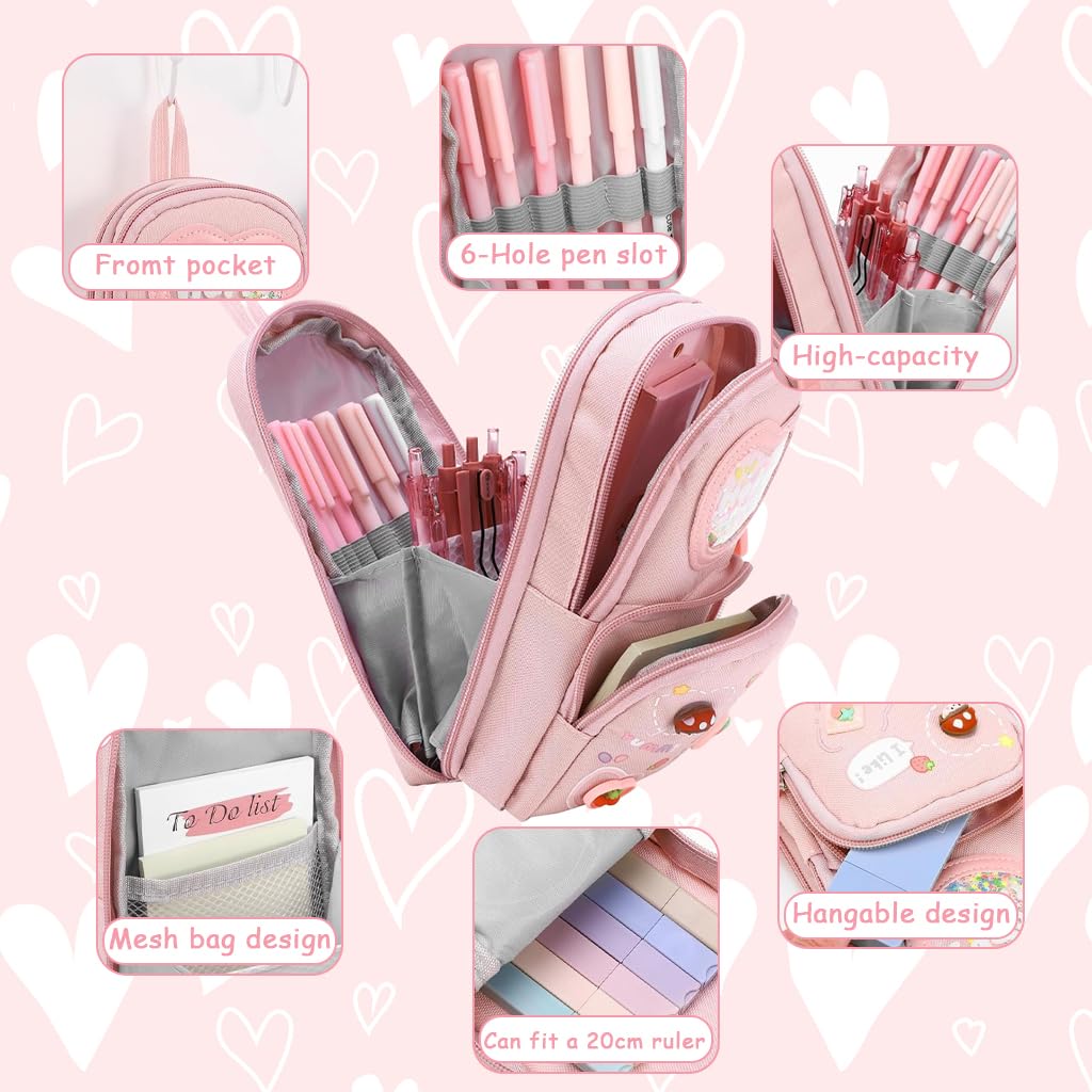 Zibuyu Pencil Pouch for Girls with 6 Layers and 3 Compartments Pink Canvas | Kawaii Organizer