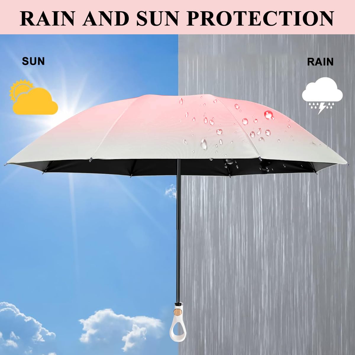 ZIBUYU Folding Umbrella for Sun and Rain with UPF 50+ Protection and 8 Fiber Ribs | Lightweight Pink Travel Design