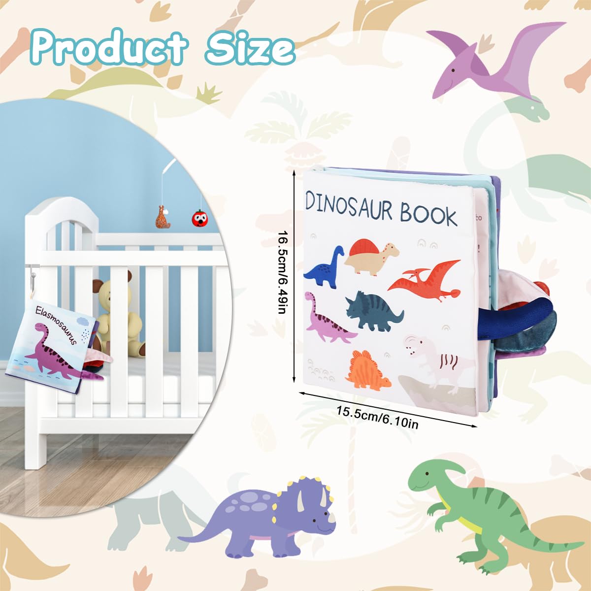 SNOWIE SOFT 3D Dinosaur Cloth Book for Babies 0 to 3 Years with Crinkle Sounds & Mirror | Washable Sensory Toy