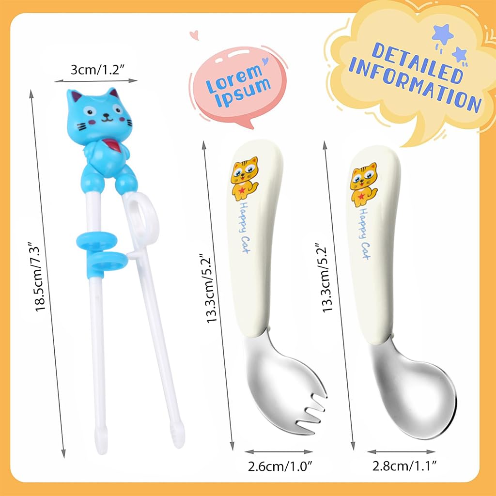 SNOWIE SOFT® Training Chopsticks for Kids, Stainless Steel Fork and Baby Feeding Spoons for 6 to 12 Months, Chopsticks for Beginners Weaning Spoons Toddler Flatware Sets Tableware Christmas Gifts Blue