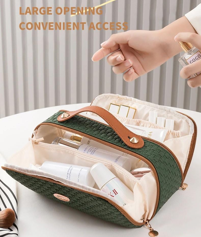 ZIBUYU® Makeup Organizer Bag Waterproof Women Travel Organizer Pouch Large Capacity Leather Cosmetic Toiletry Bag with Wide Opening, Multiple Dividers with Handle Zip Wash Bag-1PC
