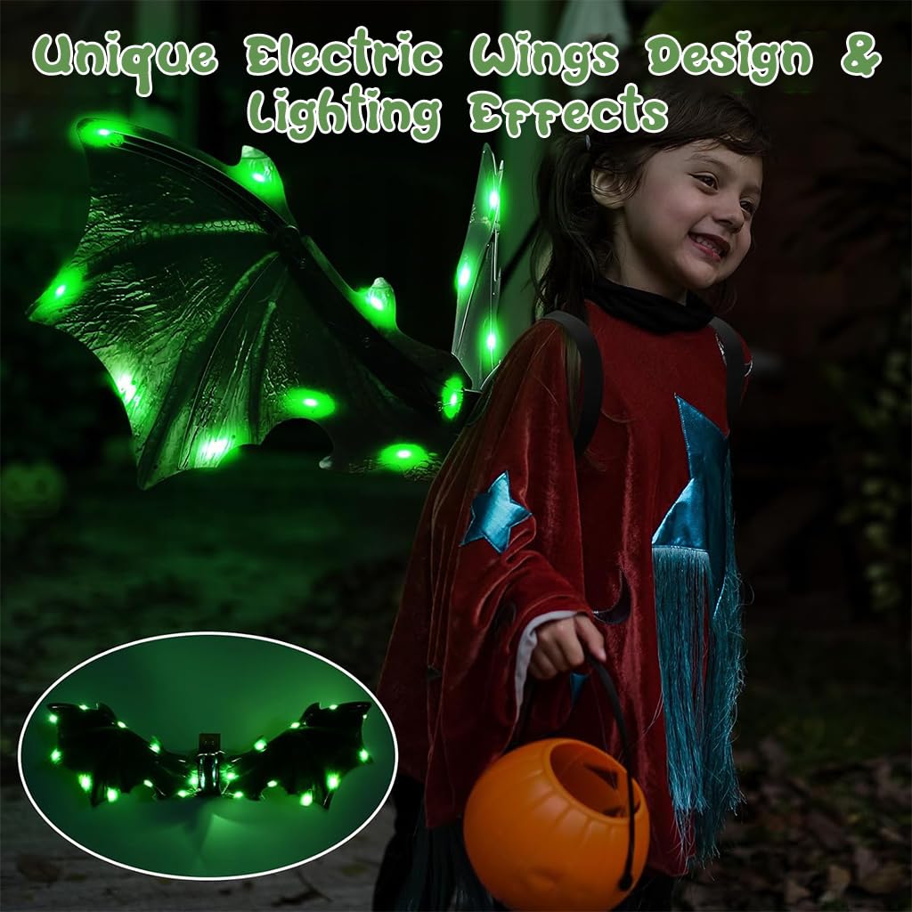PATPAT Electric Dinosaur Wings for Kids with LED Light and Music featuring Motorized Flap | Green Halloween Costume for Boys and Girls