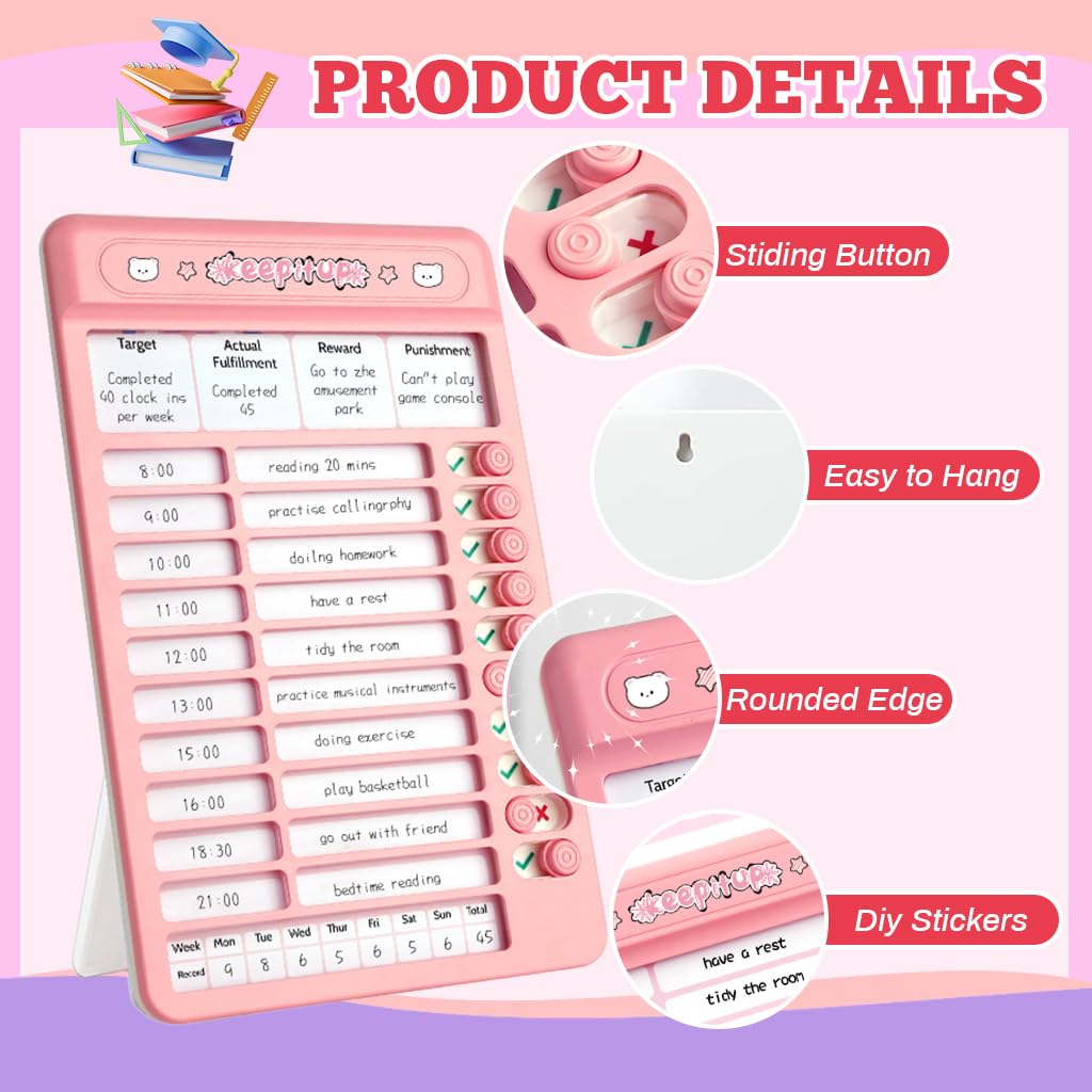 ZIBUYU Dry Erase Chore Chart Board for Kids and Teens with 15 Reusable Sheets featuring Slider Checklist | Dual Placement Options in Pink