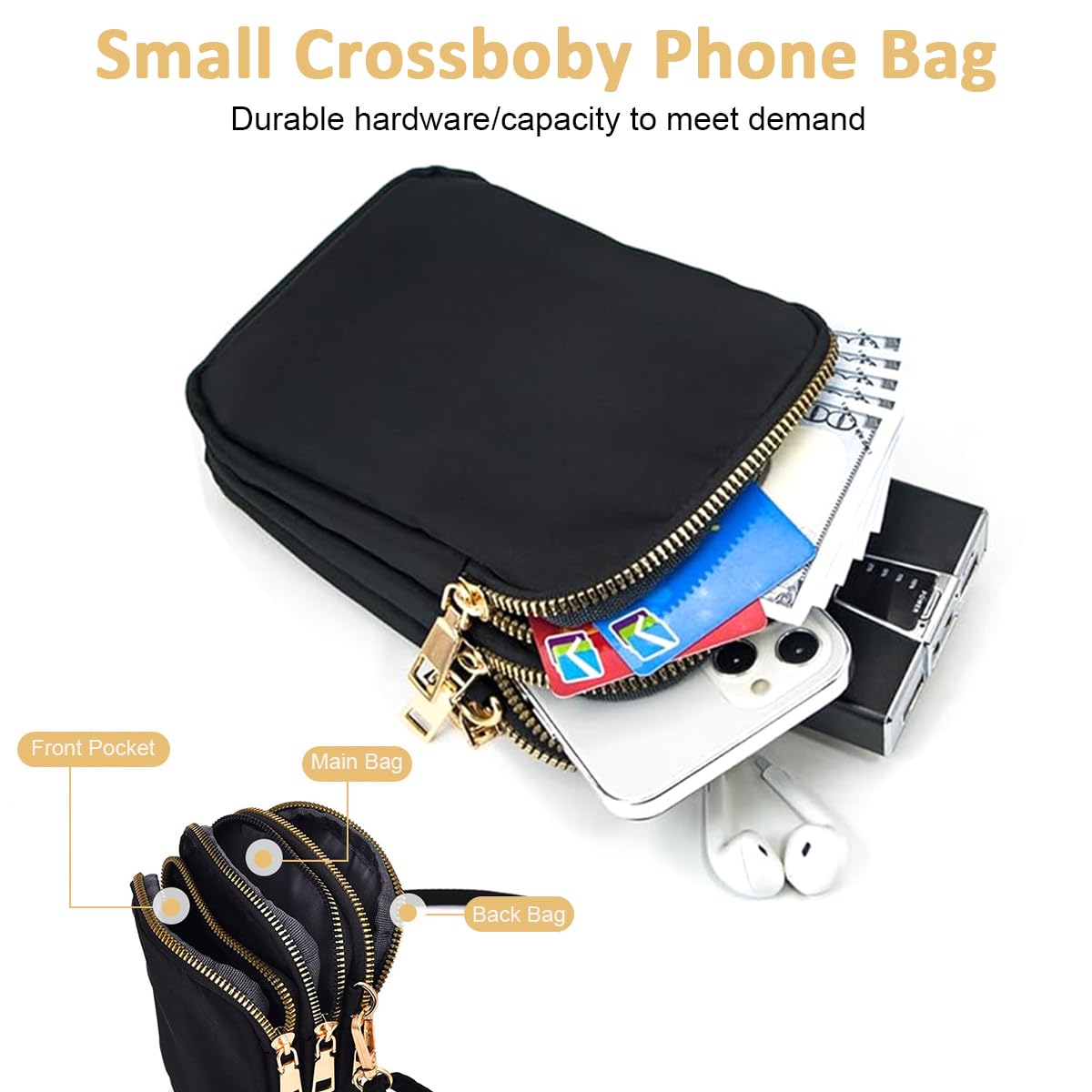Zibuyu Crossbody Phone Bag for Women with Triple Layer Zipper and Earphone Hole | Black Water Resistant Nylon