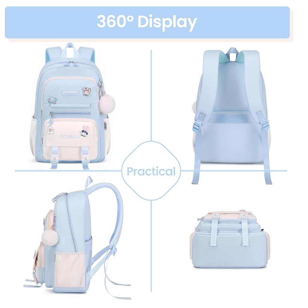 Climberty® Girls School Backpack Kawaii Blue School Book Bag Multi Compartment 15.6 inches Travel Backpack School Bag for Girls 6-12 Years Old Birthday Gift Christmas Gift, 32x15x45cm