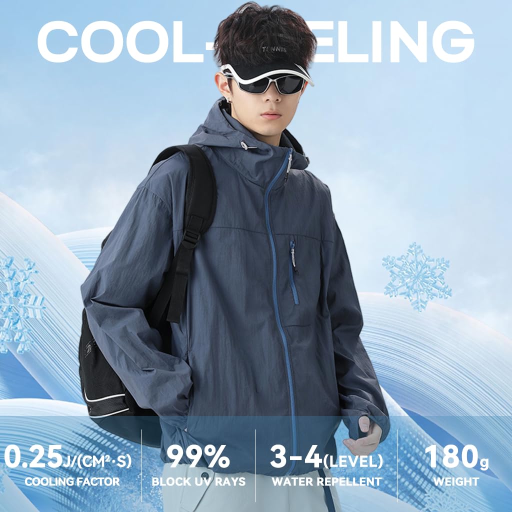 Venzina Men's Athletic Jacket for Outdoor Workouts with UPF 50+ Sun Protection | Lightweight Quick-Dry Nylon Hooded Coat in Navy Blue