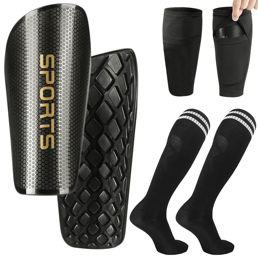 Optifit Kids Shin Guards Set for Soccer and Sports with EVA Cushioning | Includes Sleeves and Knee High Compression Socks