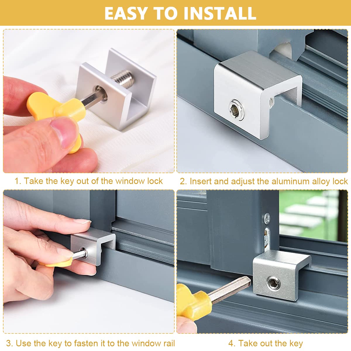 SNOWIE Soft Sliding Window Locks for Doors and Windows with Key 8pcs Aluminum Alloy | Screw-Fixed Security Stoppers for Child Safety