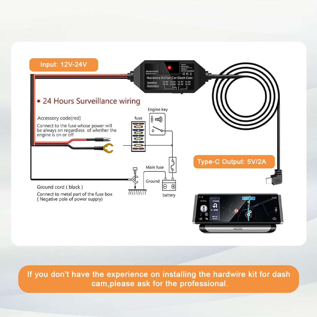 STHIRA Dash Cam Hardwire Kit for 12V and 24V Vehicles with Low Voltage Protection | USB C Controller