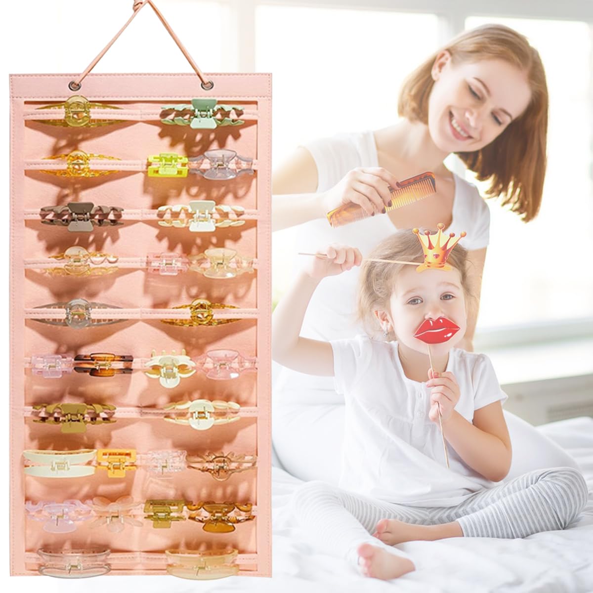 HASTHIP Hair Claw Holder Organizer for Wall Hanging with 20 Belts 35x80cm Felt Pink | For Women Girls Storage Display