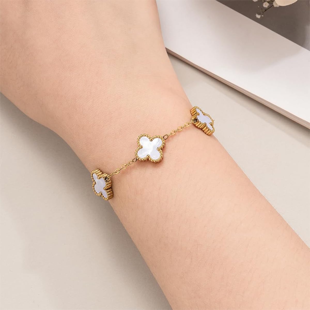 Brand Four Leaf Clover Bracelet for Women with 6.41+1.9 in Adjustable Chain | 18K Gold Plated Stainless Steel Lucky Charm Jewelry