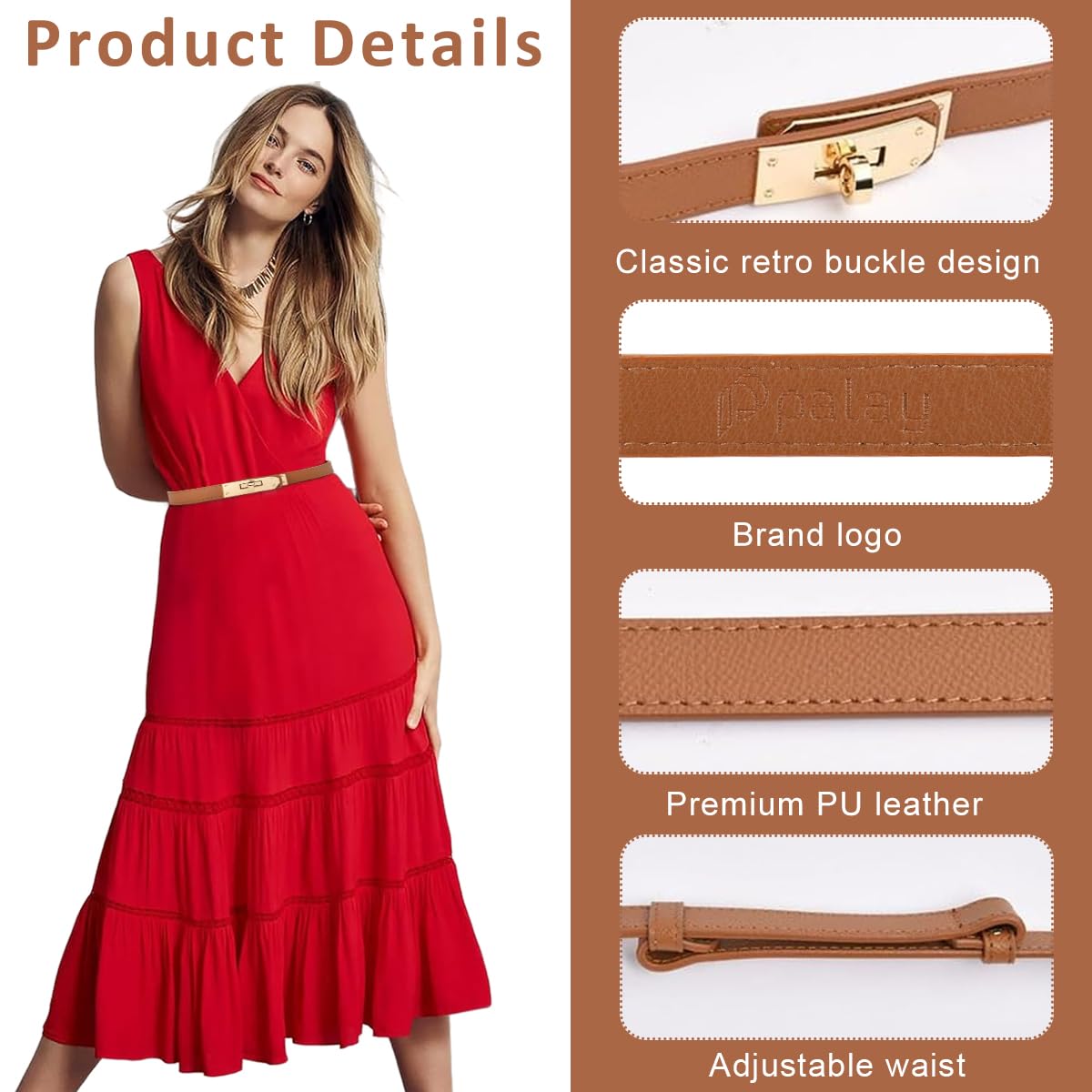 PALAY Waist Belt for Women featuring Alloy Turn Lock Buckle and Adjustable 65–105 cm Fit | Brown PU Leather Dress Accessory