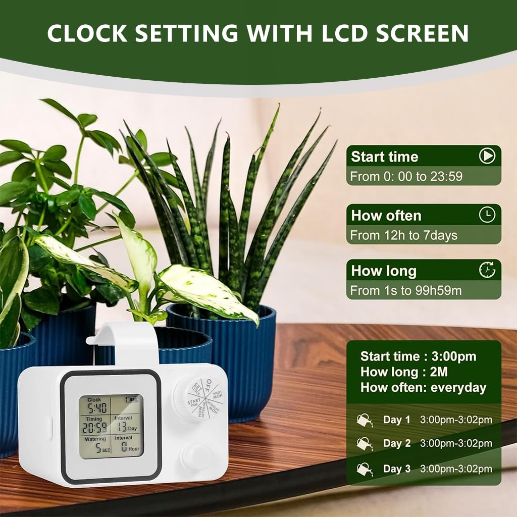 HASTHIP Automatic Drip Irrigation Timer with LCD Display and 10m PVC Tubing | USB Rechargeable Self Watering System