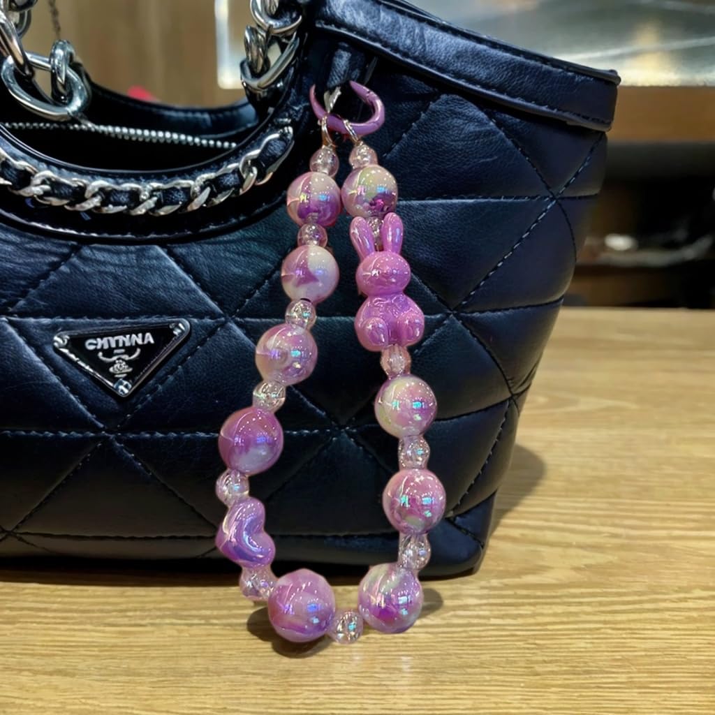 Zibuyu Bunny Phone Charm for Mobile and Bags featuring Beaded Acrylic Chain in Purple | Cute Wrist Strap Accessory for Women and Girls
